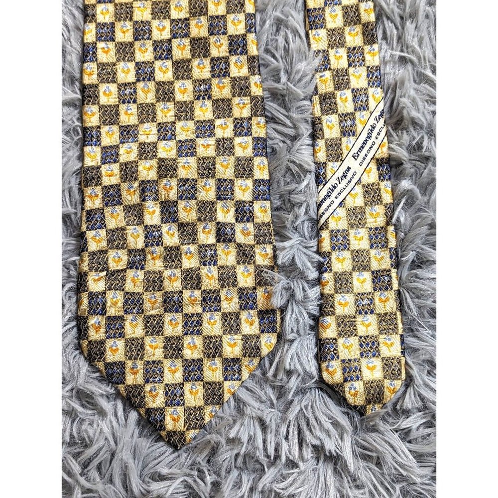 Ermenegildo Zegna Fine Silk Tie Yellow Blue‎ Gold Geometric Italy Designer Mens